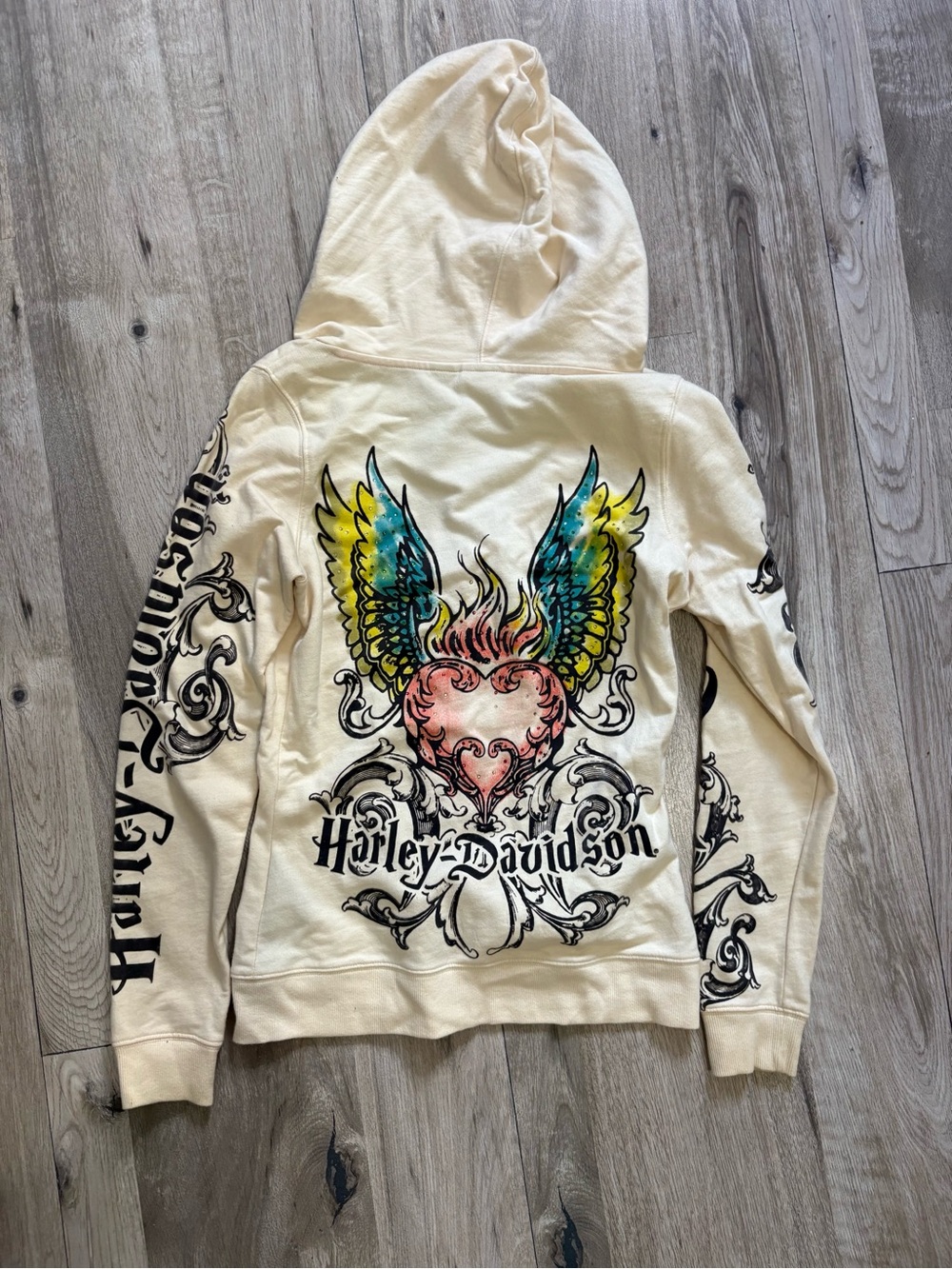 Harley-Davidson Cream Zip-Up Hoodie with Multicolor Winged Heart Graphic